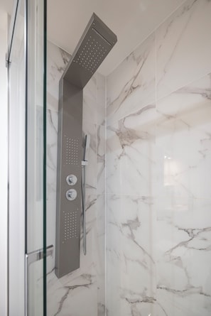 Shower, hair dryer, towels, soap