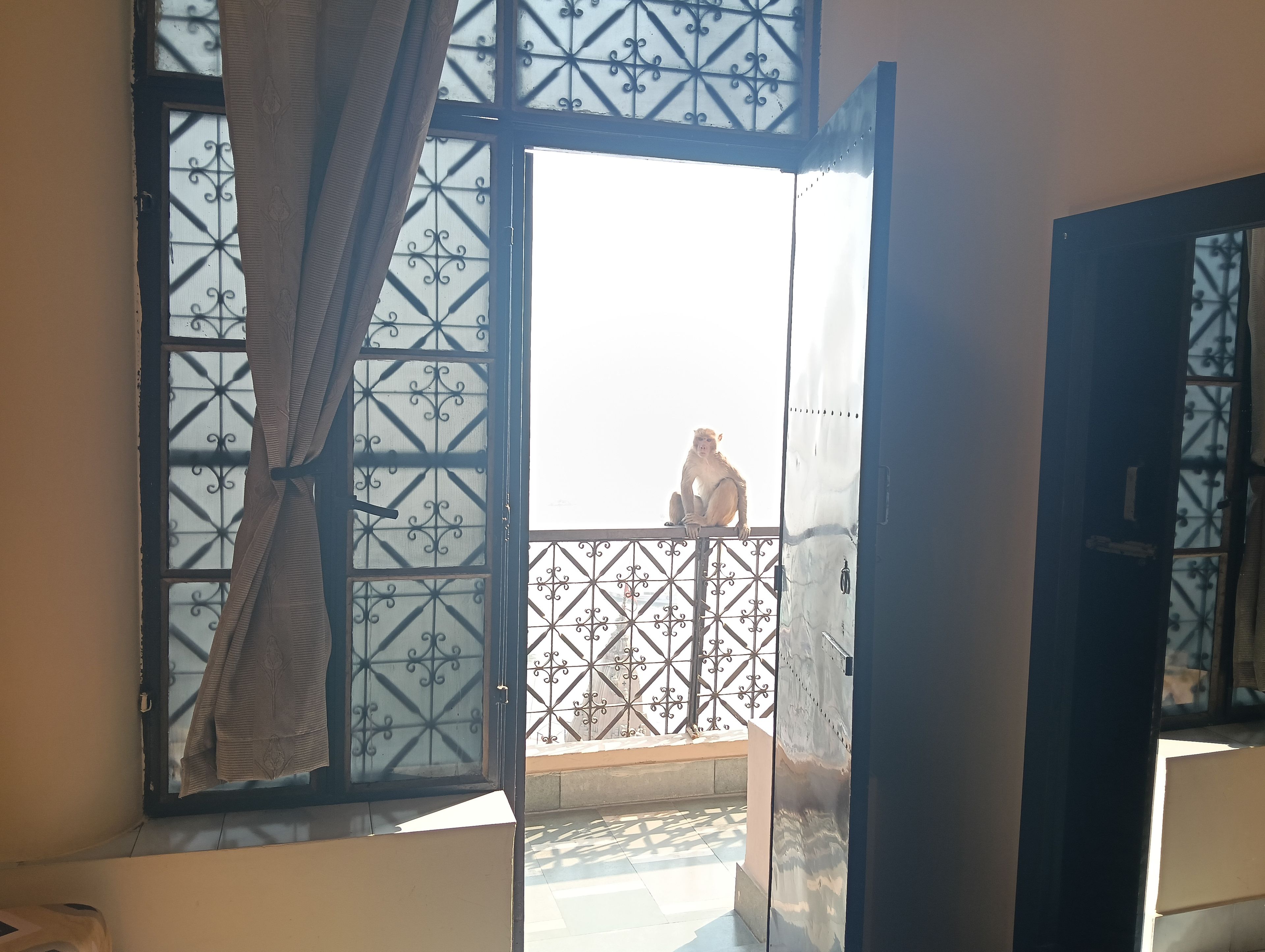 A room with a window featuring a metal grill and a curtain.