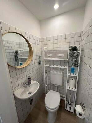 Shower, hair dryer, soap, shampoo