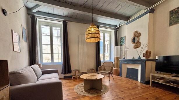 A living room with a sofa, a coffee table, a TV, and a fireplace. - Pretty house in the historic district of Cahors close to shops (Cahors)