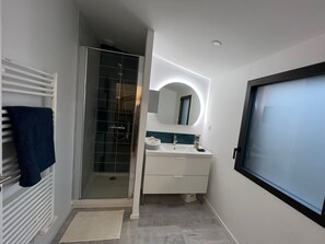 Shower, hair dryer, towels, toilet paper