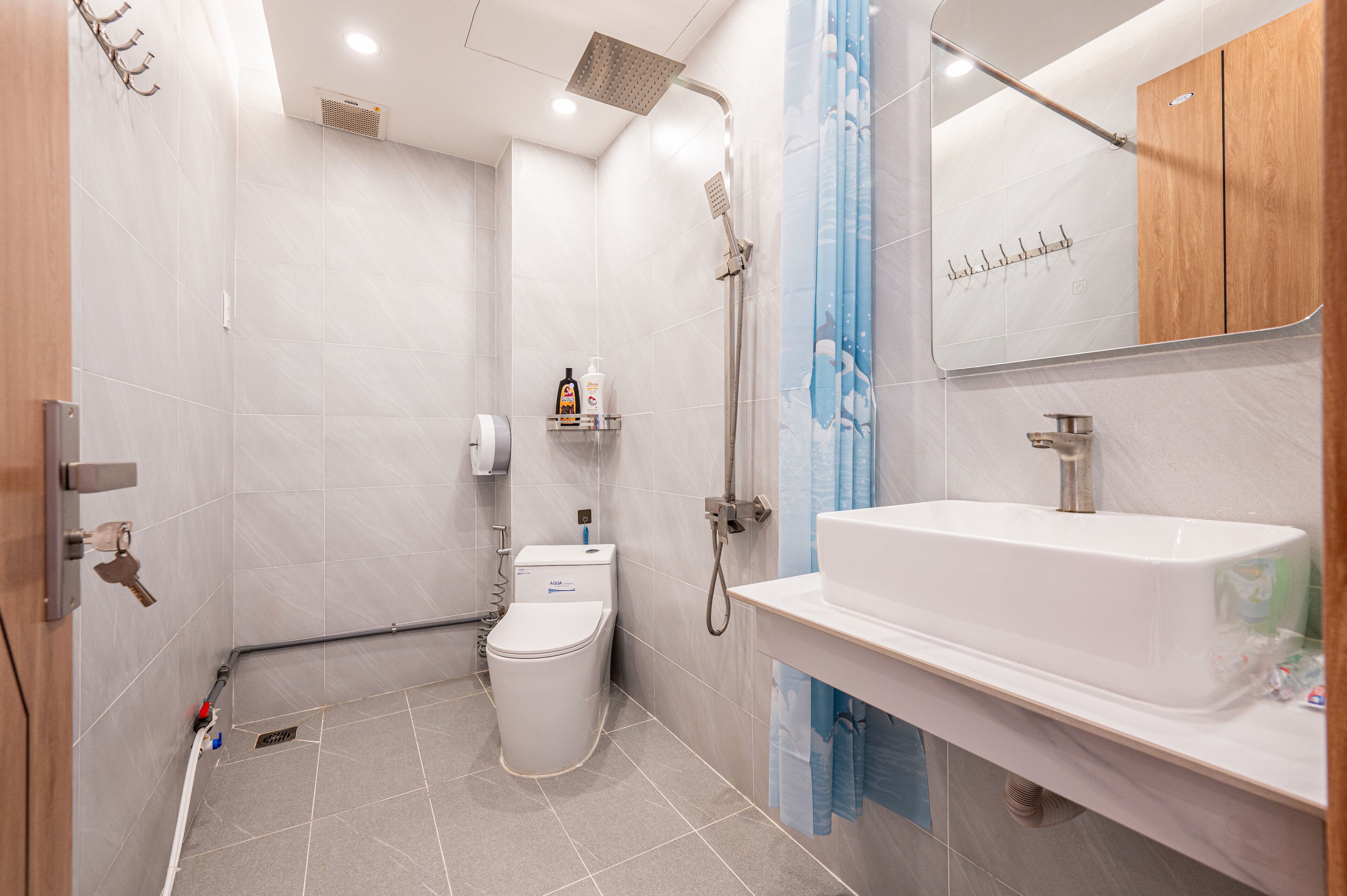 Shower, hair dryer, slippers, towels