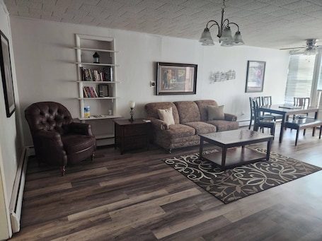Living area. Charming 1-bedroom apartment in fabulous Downtown Galena with WiFi, AC