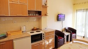 Eine kompakte Küche mit Holzschränken, einem eingebauten Backofen und einem kleinen Kühlschrank. Es gibt einen Essbereich mit Tisch und Stühlen, sowie ein an der Wand befestigtes Fernsehgerät.