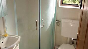 A bathroom with a glass shower enclosure, a toilet, and a sink.