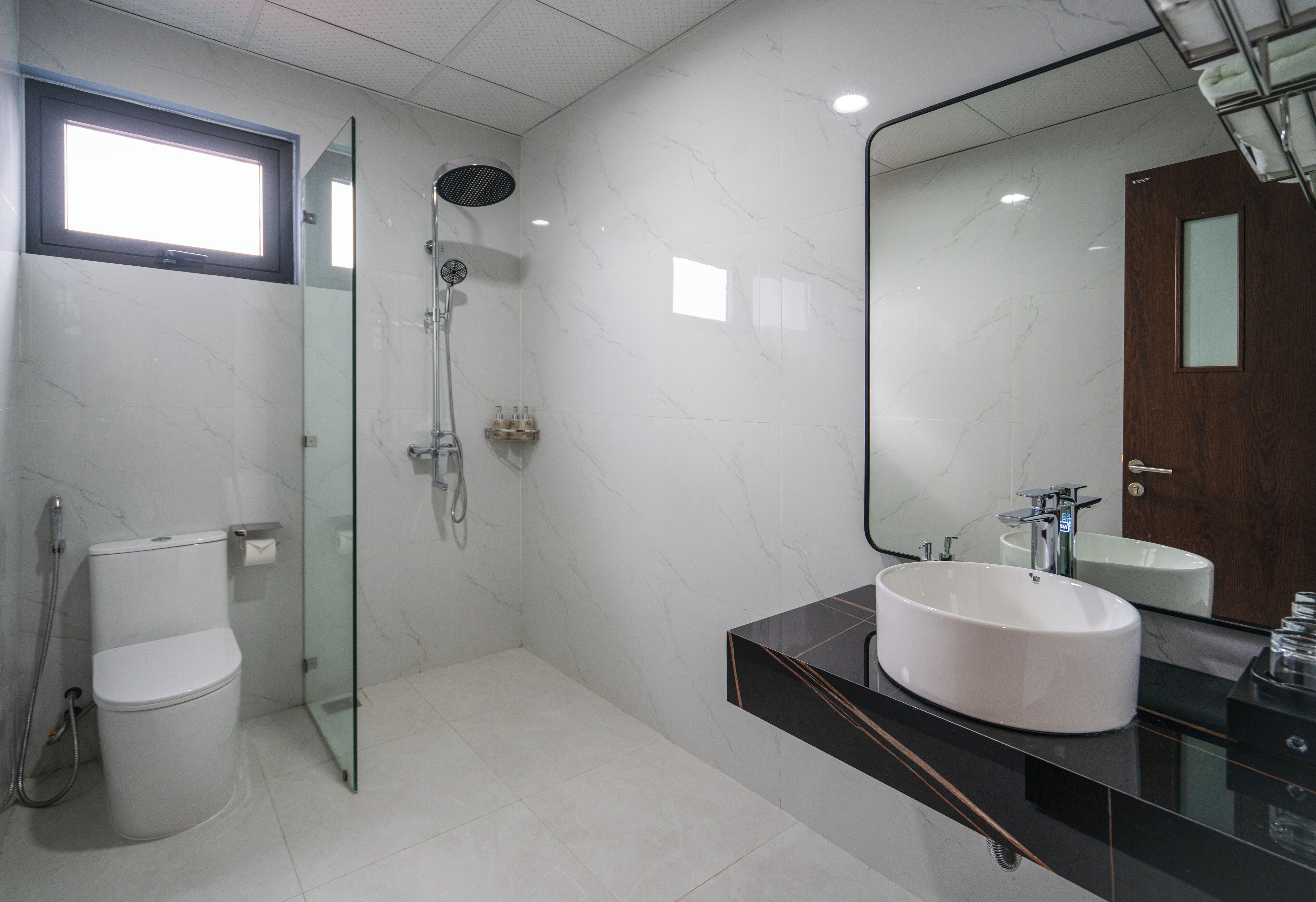A modern bathroom with a glass shower enclosure, a white toilet, a large mirror, and a black countertop with a white sink.