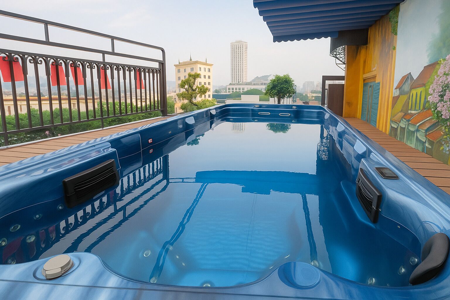 A hot tub with a view of a cityscape, a wooden deck, and a mural on the wall.