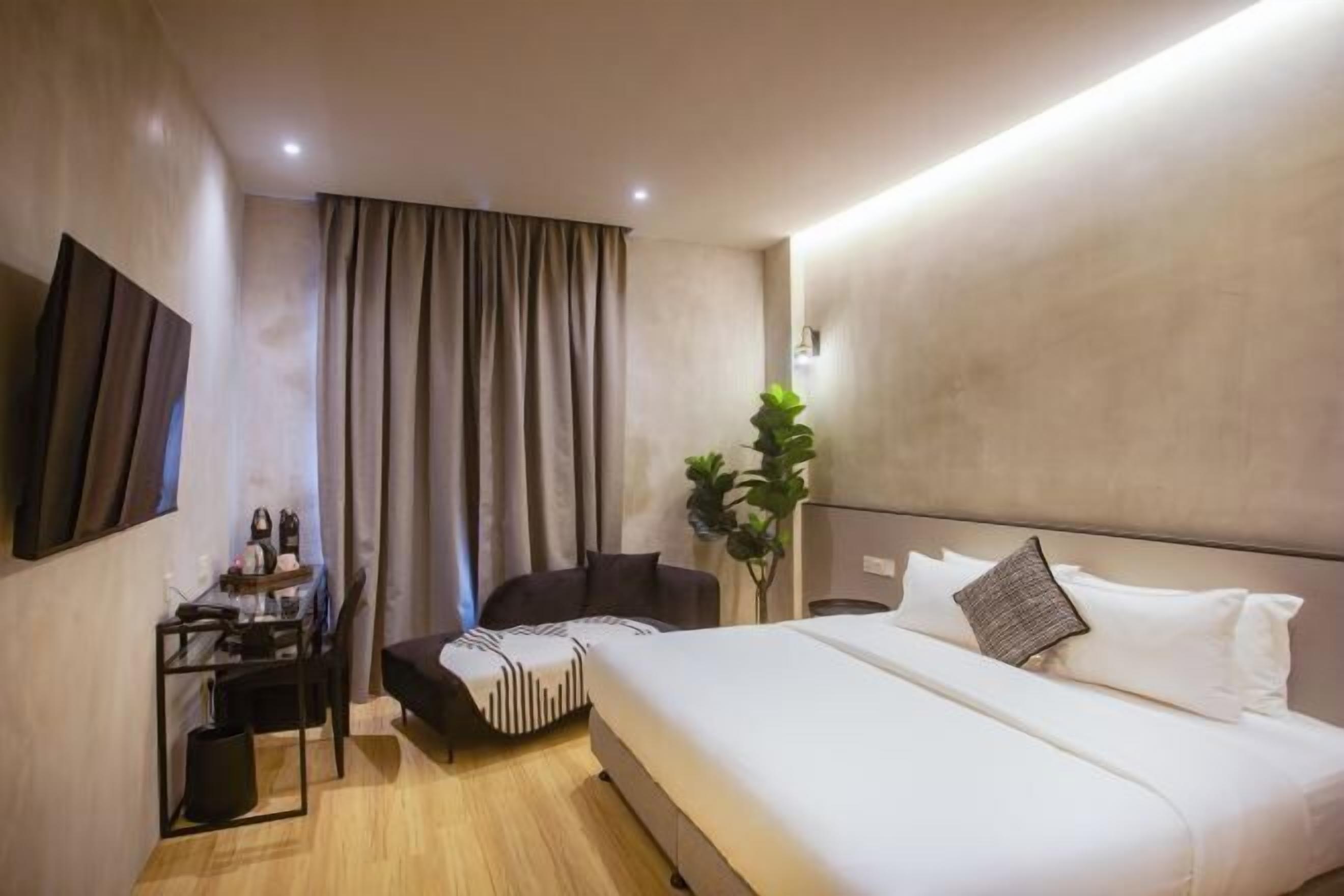 Desk, laptop workspace, blackout curtains, iron/ironing board