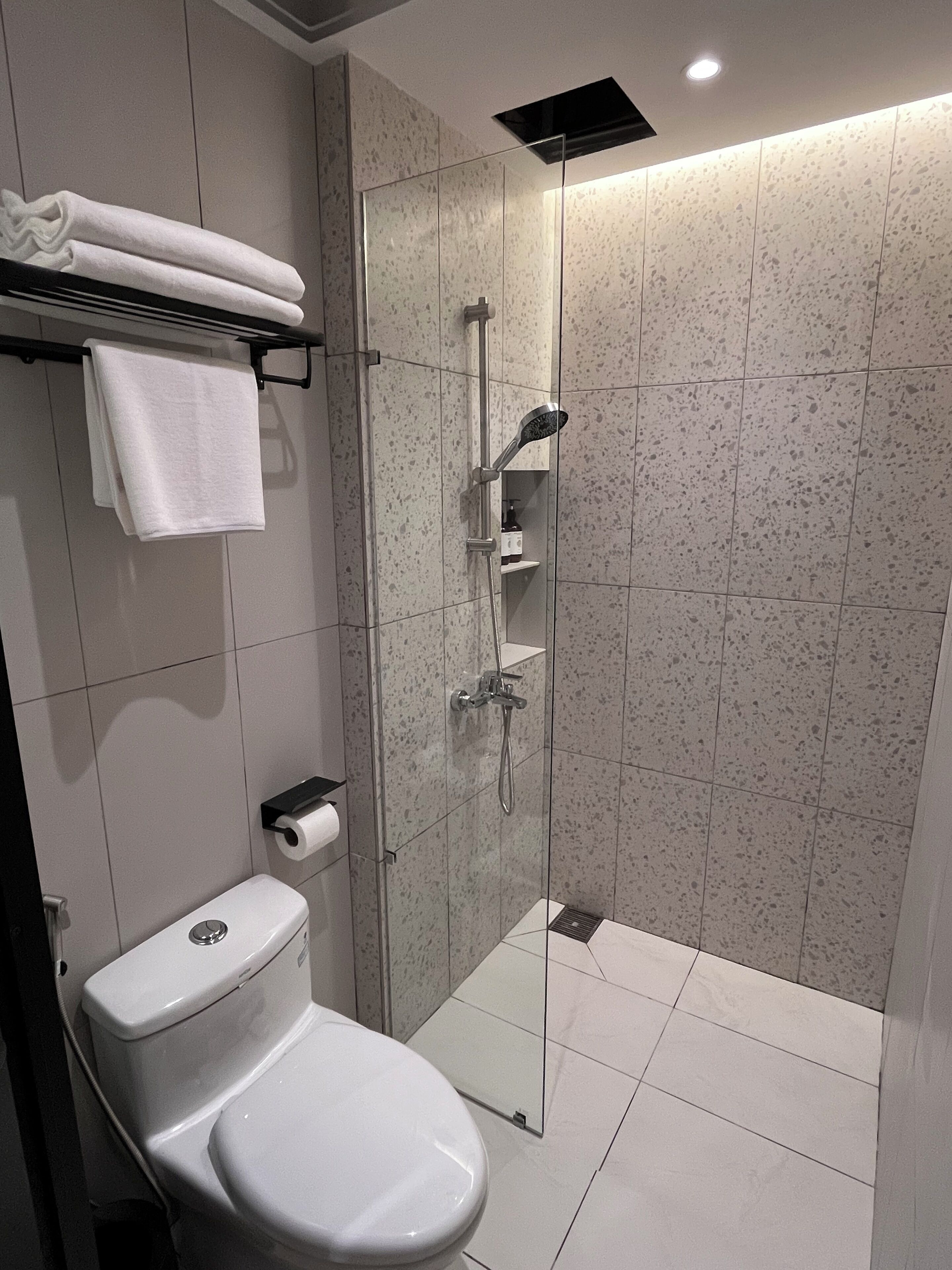 A modern bathroom with a toilet, a glass-enclosed shower, and a towel rack.