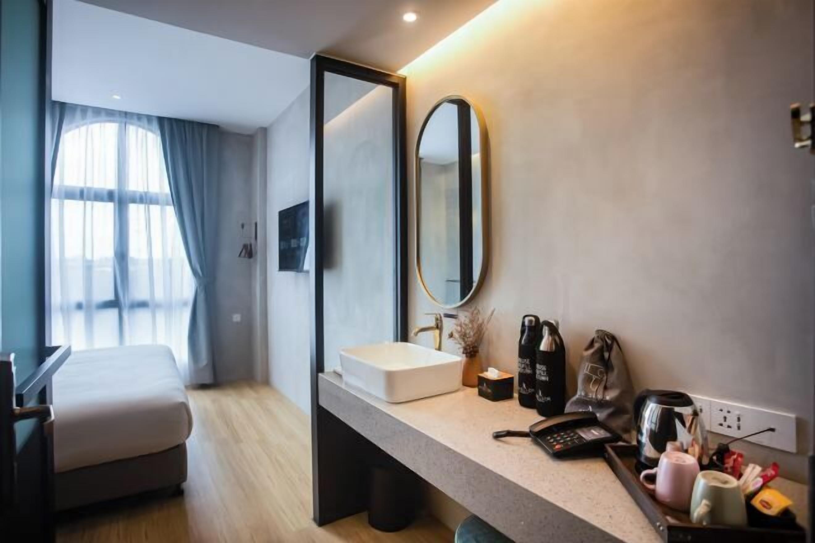 Desk, laptop workspace, blackout curtains, iron/ironing board