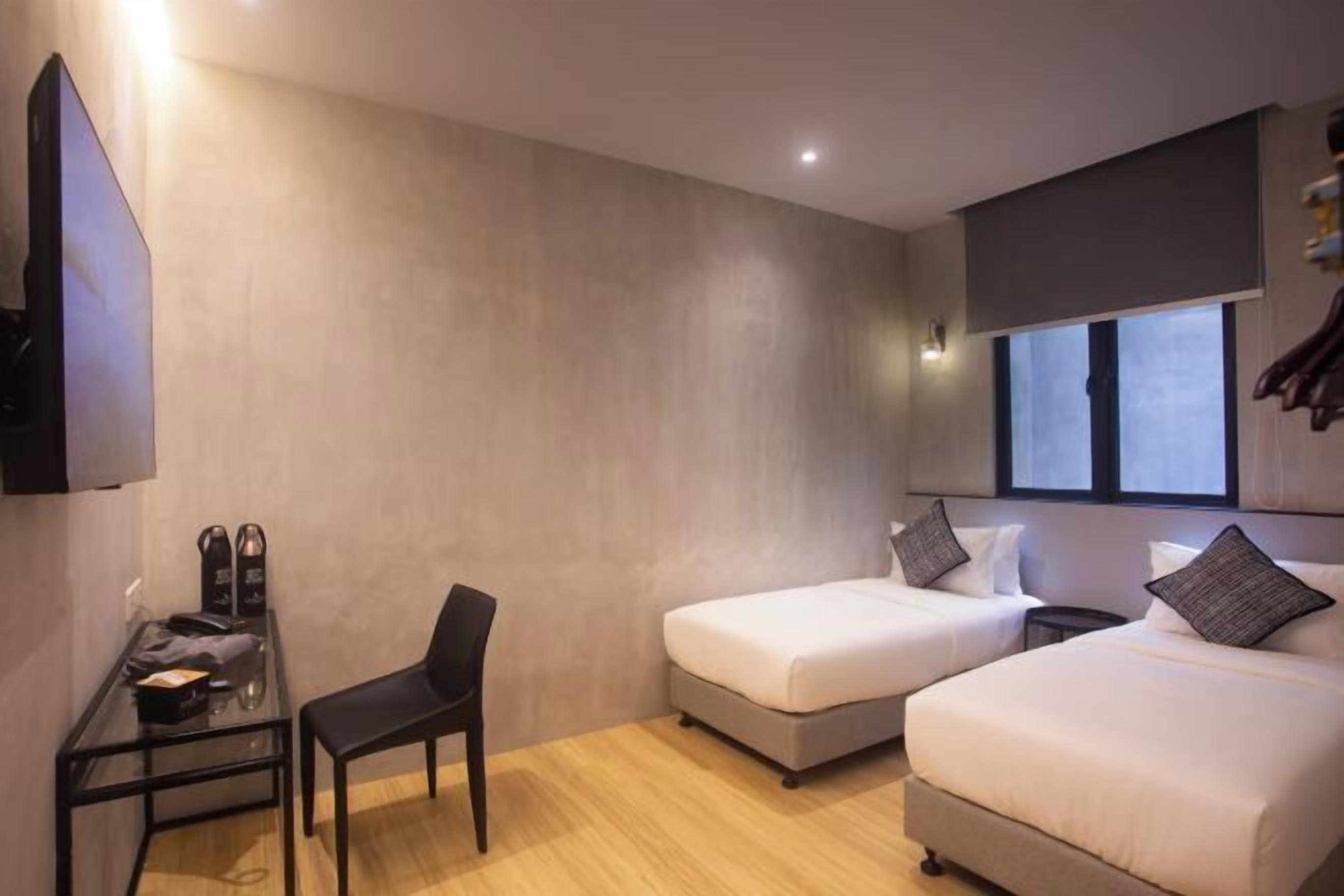 Desk, laptop workspace, blackout curtains, iron/ironing board