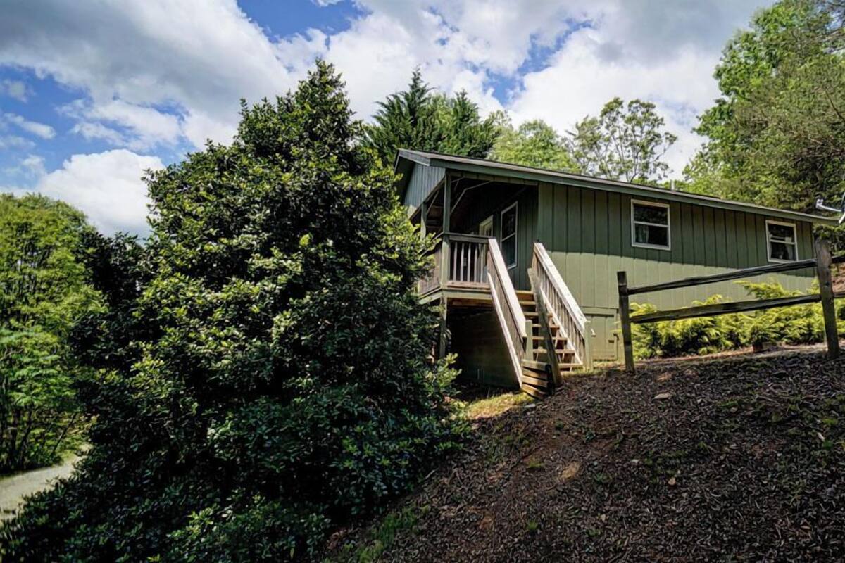 A rustic cabin with a wooden staircase leading to a porch, surrounded by dense greenery and a clear sky.
