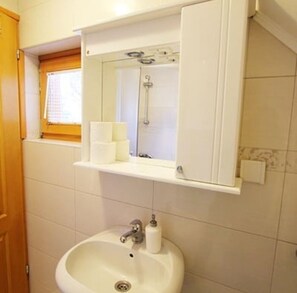 Een haardroger, handdoeken, zeep, toiletpapier