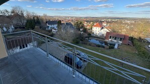 Ein Balkon mit Metallgeländer, der auf ein Wohngebiet mit Häusern und einem Teich blickt.