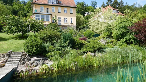 Ein zweigeschossiges Haus mit rotem Ziegeldach, umgeben von üppiger Vegetation und einem Teich.