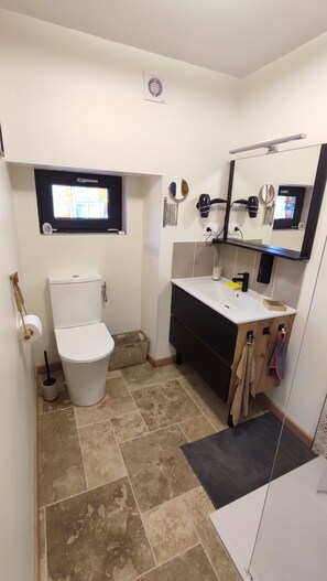 Shower, hair dryer, soap