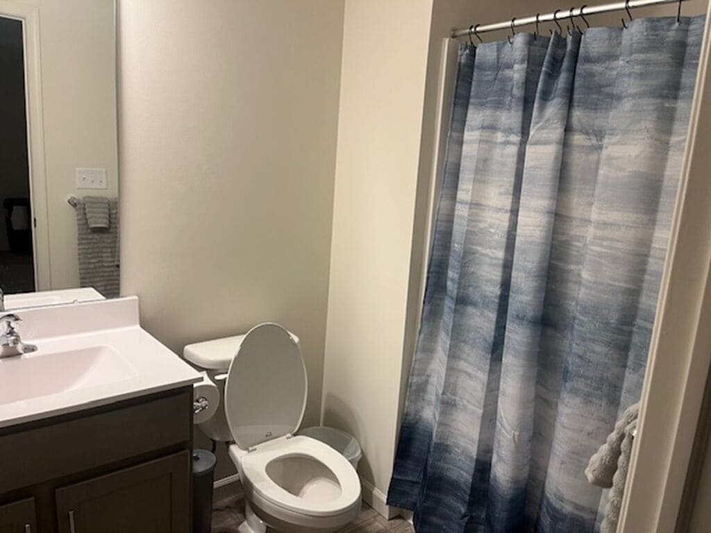 Shower, towels, soap, toilet paper