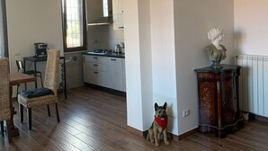 A spacious living room with a wooden floor, a dining area with wicker furniture, and a kitchen with modern appliances. - Cozy apartment 2 steps from Rome finely renovated and equipped (Marino)