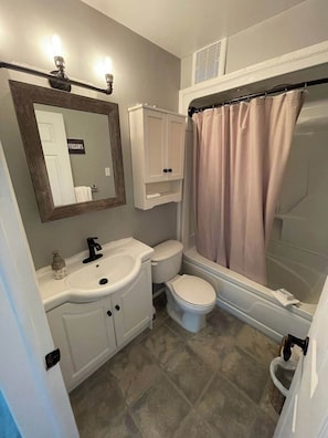 Hair dryer, towels, soap, shampoo