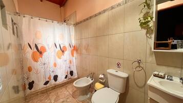 Un baño con cortina de ducha, un bidé, un inodoro y un lavabo.