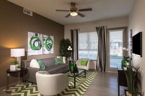 TV, fireplace - Elegant 2BR Retreat at Anton 1101 | Pool & Gym (Sunnyvale)