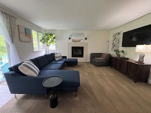 Smart TV, chimenea y libros 