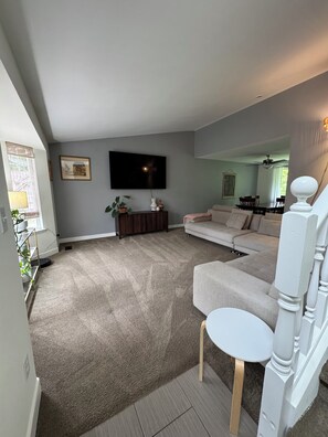 TV connectée, cheminée, livres