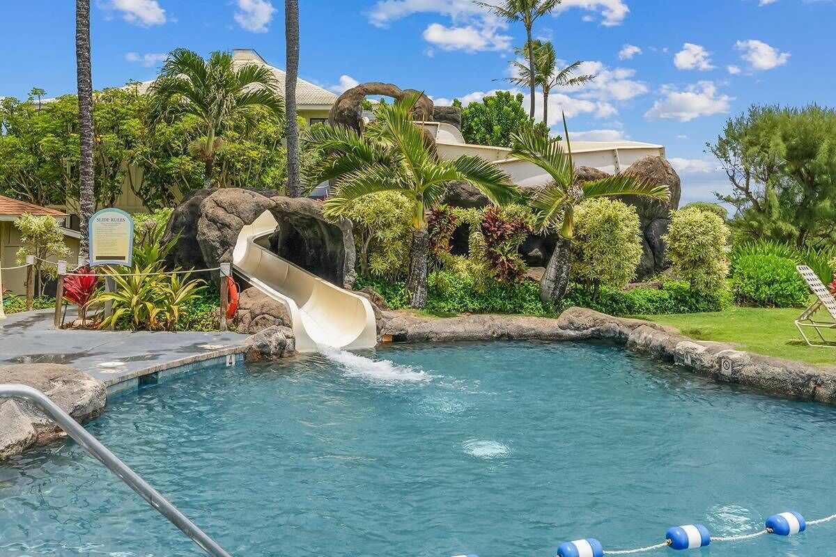 A pool with a water slide, surrounded by tropical plants and palm trees.