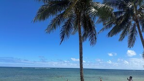 A beach with clear blue water, palm trees, and people swimming and standing on the shore.