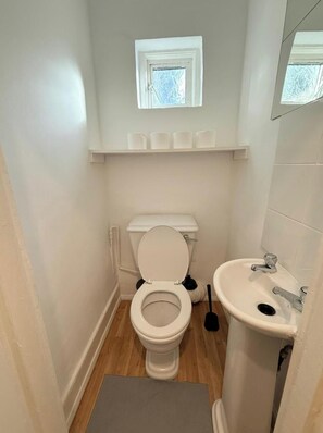 Hair dryer, towels, soap, toilet paper