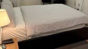 Hotellihuone, jossa on sänky, kirjoituspöytä lampun kanssa, tuoli, pieni pöytä ja ruukkukasvi.