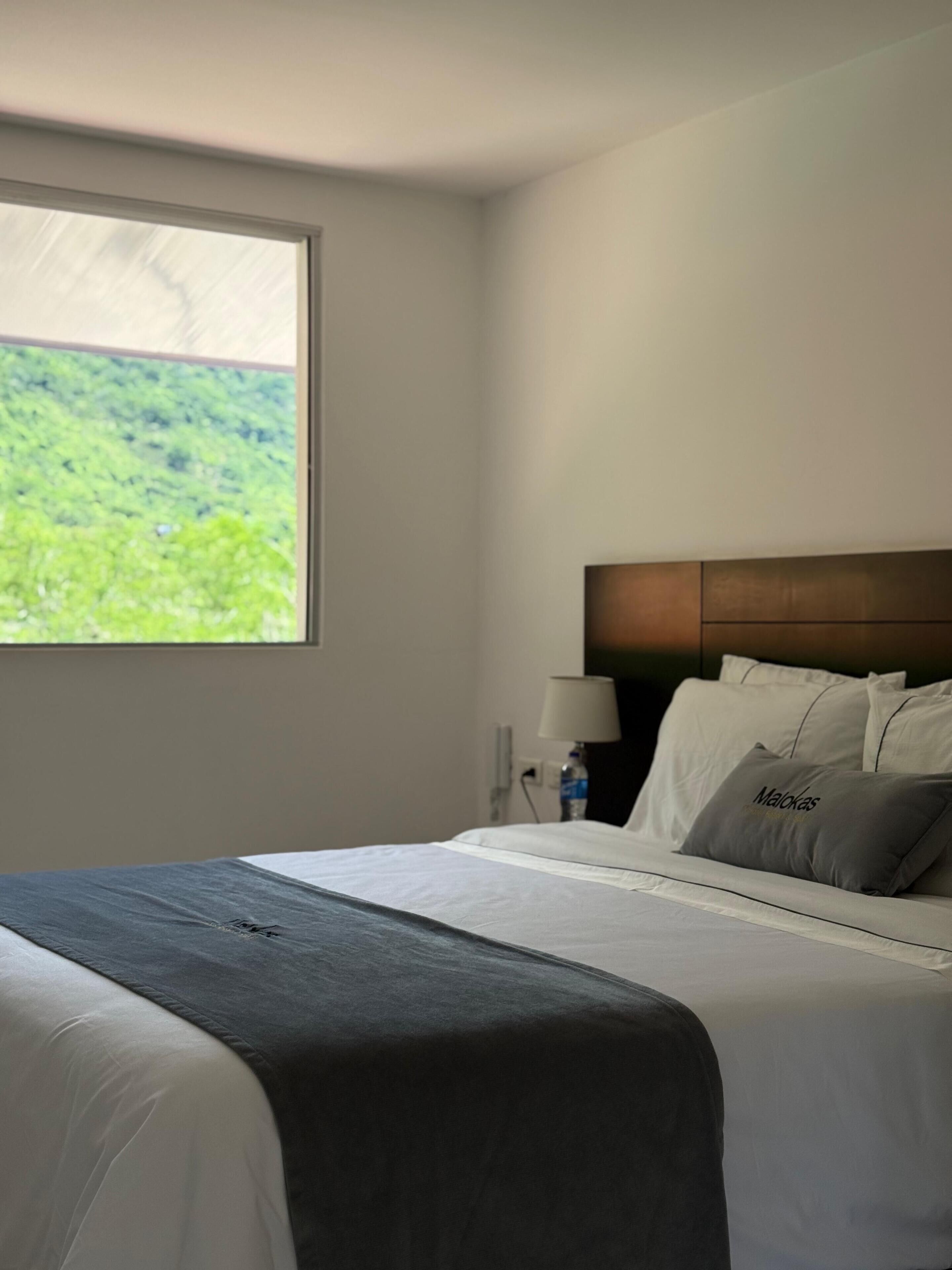 A hotel room with a large window, a bed with white linens, a dark headboard, and a nightstand with a lamp and a bottle.