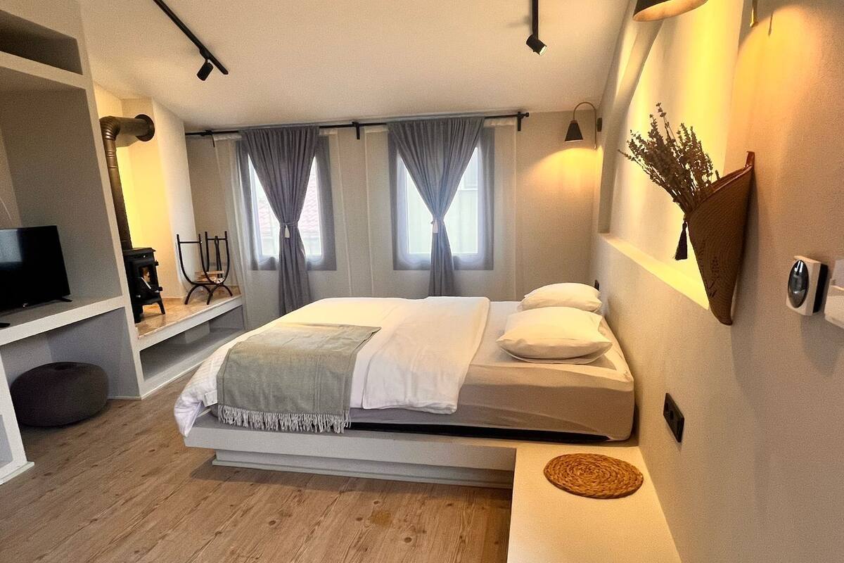 A modern bedroom with a bed, bedside tables, a TV, and a fireplace.
