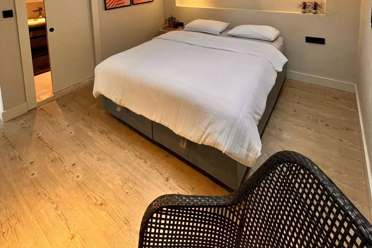 A bedroom with a skylight, a bed, a chair, and a small table with a plant.