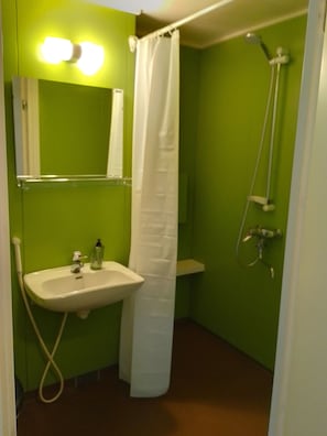 Shower, bidet, towels, soap