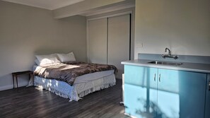 Ein Schlafzimmer mit einem Bett, einem kleinen Nachttisch, einem Kleiderschrank und einer Küchenzeile mit Spüle.