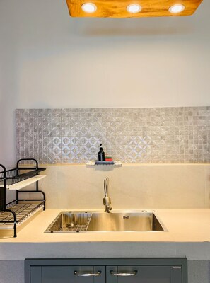 Fridge, microwave, dining tables