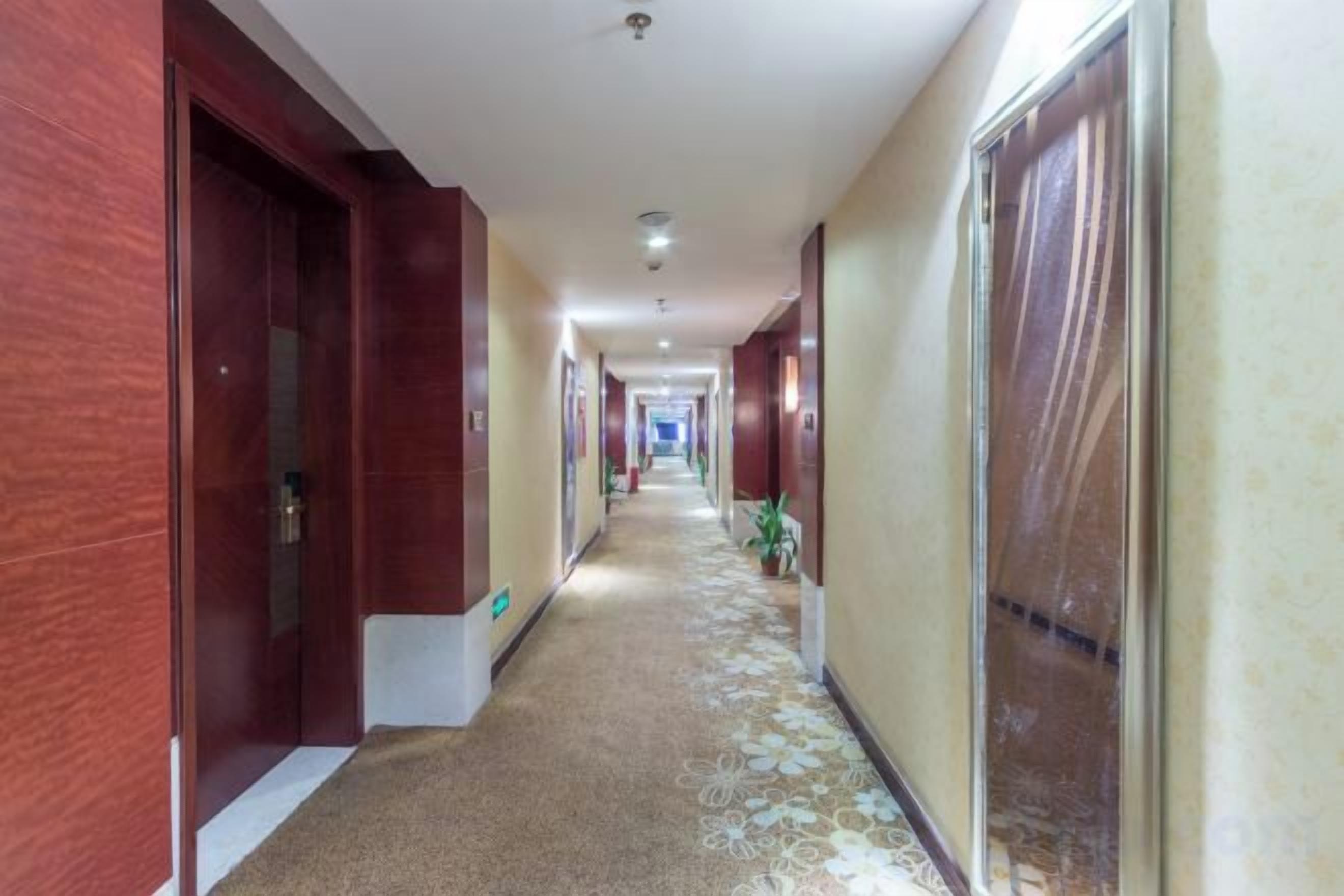 Een hotelgangen met houten deuren, een kamer met een patroon vloerkleed en uitzicht op de gang.