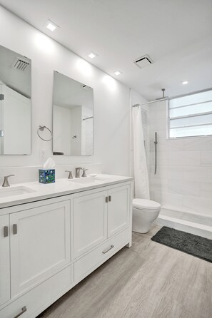 Hair dryer, towels, soap, shampoo