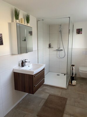 Douche, serviettes fournies, savon, papier toilette