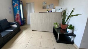 Un área de recepción con un mostrador, un sofá negro y plantas en macetas.