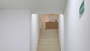 Una escalera con escalones color beige que conduce a una plataforma.