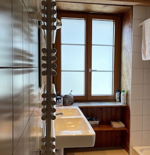 Shower, hair dryer, towels, toilet paper