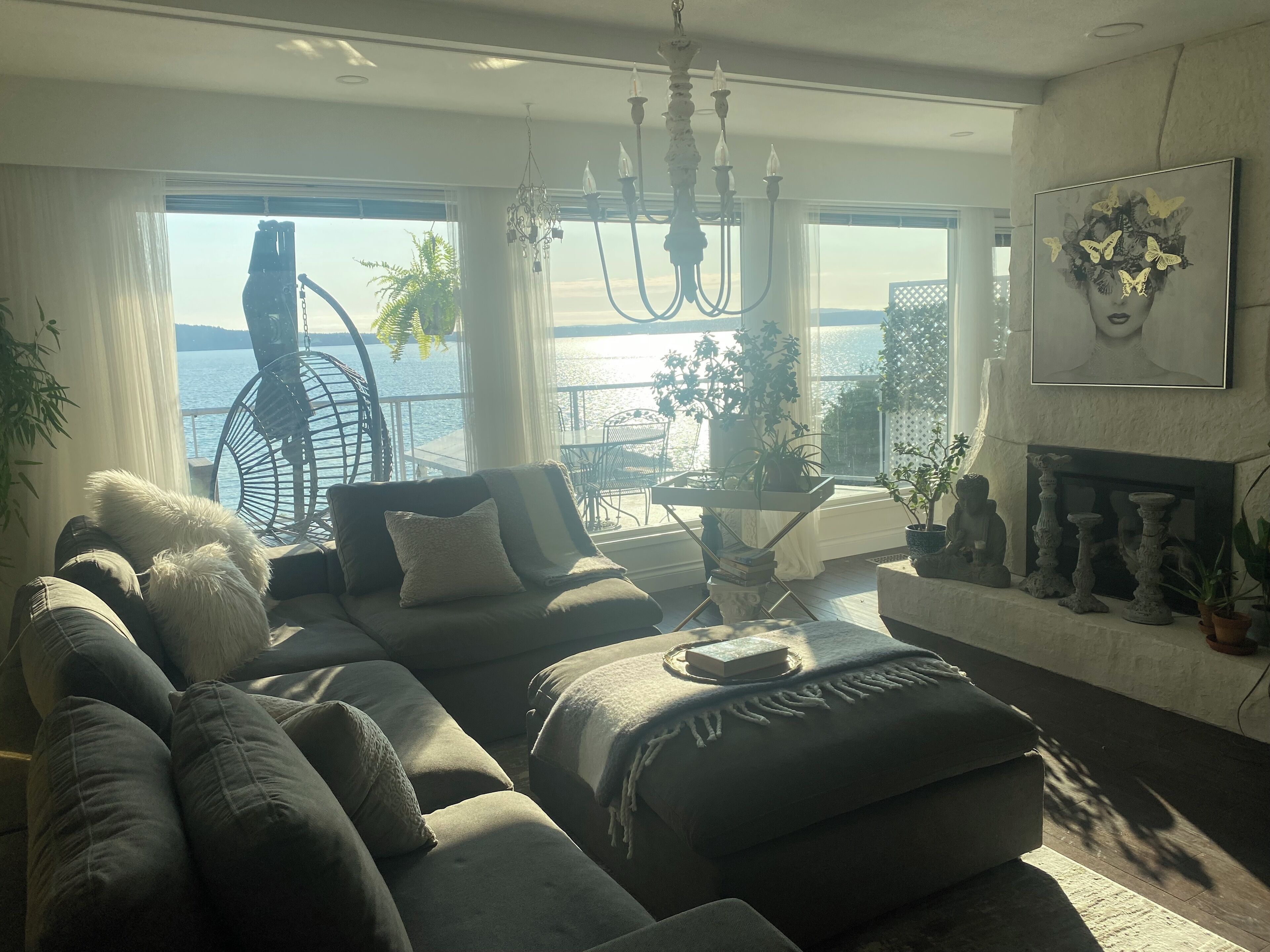 Smart TV, fireplace, books