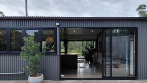 A modern house with large windows, a potted plant, and a concrete patio.