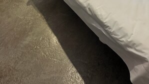 Een hotelkamer met twee enkele bedden, een klein nachtkastje met spiegel, en een decoratief object aan de muur.