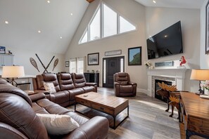 Smart TV, fireplace, foosball