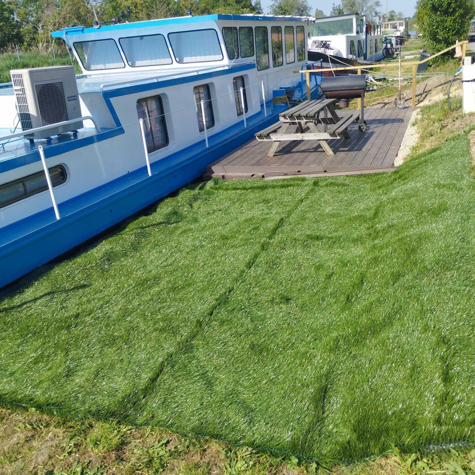 Un bateau à la coque bleue et blanche, doté d’un pont couvert avec une table de pique-nique, et d’une zone herbeuse en premier plan.