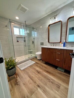 Shower, hair dryer, towels, soap