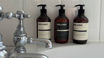 Hair dryer, towels, soap, toilet paper